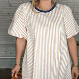 Beige Stripe Puff Sleeve Mini Dress