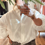 Cropped White Bubble Sleeve Button Down Top