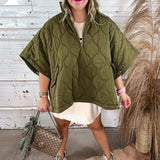 Olive You Quarter Zip Quilted Poncho Vest