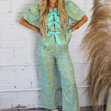 Retro Floral Print Pants - Mint