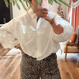 Cropped White Bubble Sleeve Button Down Top