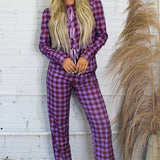 Sangria Pink Plaid Long Sleeve Tie Top