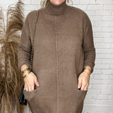 Mock Neck Mocha Pocket Sweater Dress