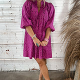 Tasteful Floral Puff Sleeve Mini Dress - Magenta