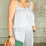 Blue Gingham Front Tie Tank Top