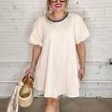 Beige Stripe Puff Sleeve Mini Dress