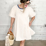 Beige Stripe Puff Sleeve Mini Dress