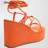 Magdalena Square Toe Strappy Wedge Heel Platform Sandals- Flame Orange